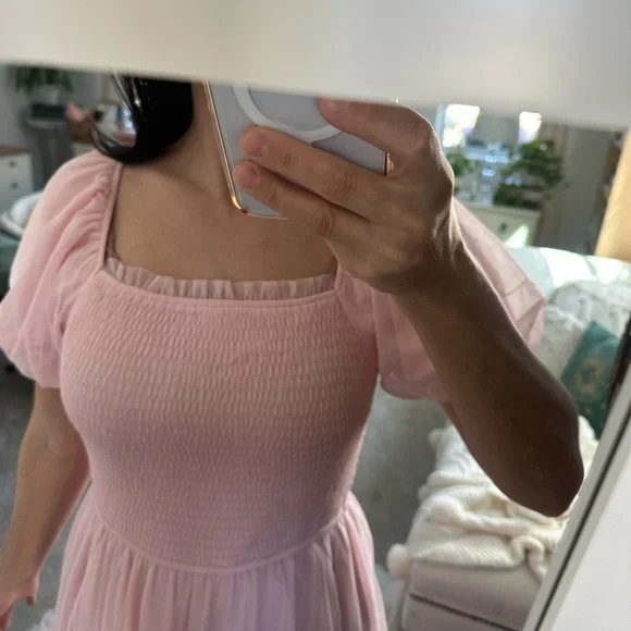 Pink Smocked Puff Sleeve Dress - Picture 2 of 7